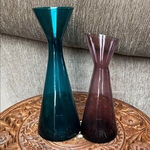 VTG-MCM Morgantown Glass Flamenco Abstract Flared Vases -Peacock Blue & Amethyst